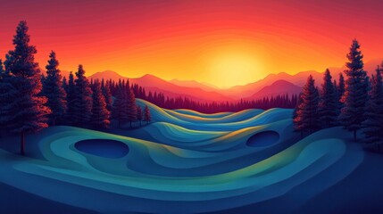 Wall Mural - Sunrise on Golf Course, Minimalist Painting with Bold Colors and Simple Shapes