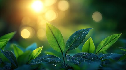 Wall Mural - Dewdrops on Green Leaves at Sunset