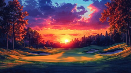 Canvas Print - Sunrise on Golf Course, Minimalist Painting with Bold Colors and Simple Shapes