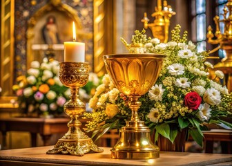 Golden chalice and consecrated host on ornate altar, adorned with fresh flowers and candles, symbolizing spiritual unity and devotion in a serene worship atmosphere.