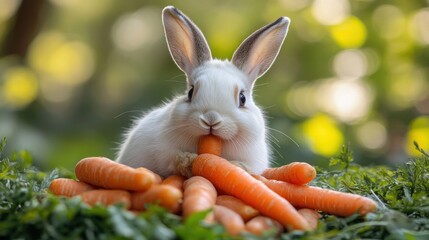 Poster - Cute Rabbit Enjoying Carrots in a Garden