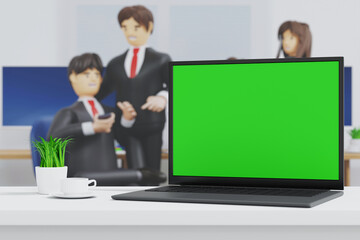 Wall Mural - laptop turn and open to show green screen close up display in office, application website presentati