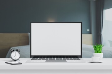 Wall Mural - laptop open to show green screen close up display in bedroom, application website present, 3d render