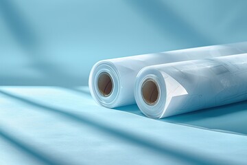 Two rolls of white paper on a blue background.