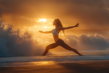 Wall Mural - Yoga at Sunset on the Beach