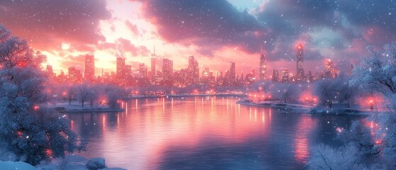 Poster - Snowy Cityscape with Pink Sunset Reflected on Water