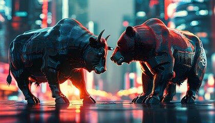 Futuristic cityscape showdown between bull and bear symbolizing intense market rivalry under bright lights