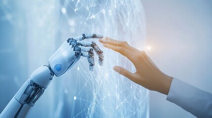 AI, Machine learning, Hands of robot and human touching on big data network connection background, Science and artificial intelligence technology, innovation and futuristic. generative ai