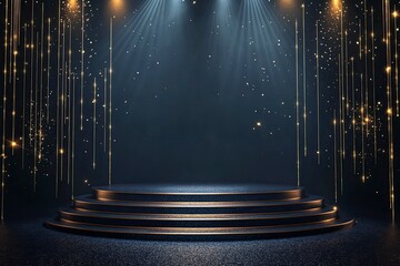 Dark blue stage with golden spotlight lines and glitter texture for award ceremony design. Realistic 3d abstract premium elegant glamour background.generative ai