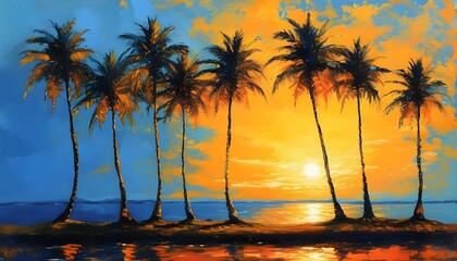 Tropical sunset with palm trees silhouetted against vibrant yellow and orange hues, complemented by a blurred background of serene blue water