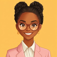 a cartoonized person of a black girl in her mid to late 20s with two braids in her hair and glasses