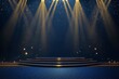 © Fathor - Dark blue stage with golden spotlight lines and glitter texture for award ceremony design. Realistic 3d abstract premium elegant glamour background.generative ai