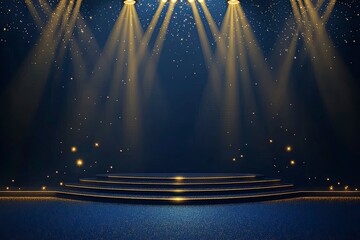 Wall Mural - dark blue stage with golden spotlight lines and glitter texture for award ceremony design. realistic