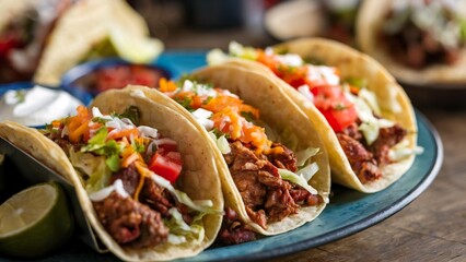 A plate of tacos. The tacos are filled with a variety of ingredients including meat, lettuce, tomatoes, and cheese