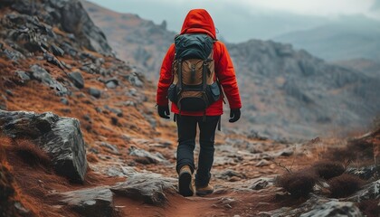 Wall Mural - Adventurous backpackers in bright red jackets navigating challenging landscapes