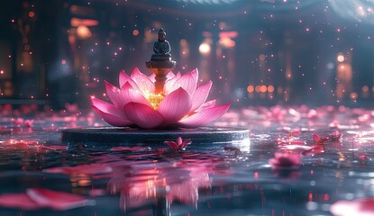 Poster - Buddha Statue on a Lotus Flower in a Pond