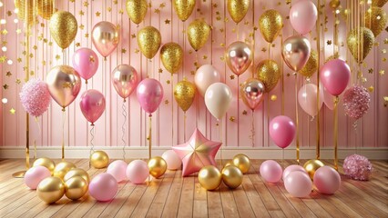 Rosy hues abound as pink and gold balloons and streamers swirl together, creating a lively and celebratory mood