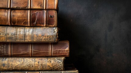 stack of antique leather bound books against a dark background