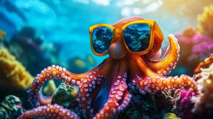 Stylish Octopus in Sunglasses Swimming Amidst Vibrant Coral Reef Underwater with Bright Illumination