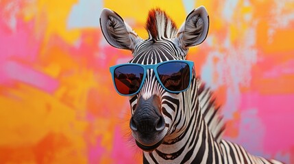 Chic Zebra in Trendy Sunglasses on Colorful Abstract Background in Morning Light