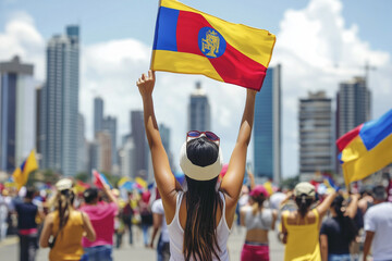 Woman Waving Flag in City