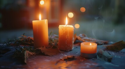 A simple altar with multiple lit candles, warm gentle light, soft blurred background, adding a touch of mystery and serenity