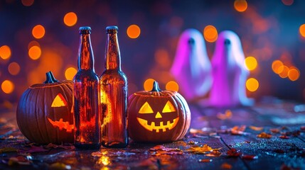 Halloween party with floating pumpkin beer bottles, ghosts in the background, vibrant orange and purple lighting