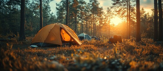 Canvas Print - Camping in the Forest at Sunset