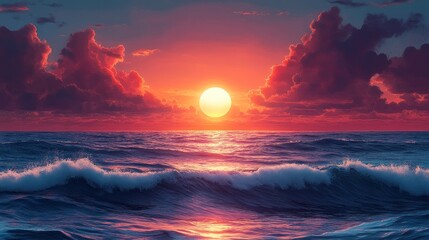 Poster - A beautiful sunset over the ocean with a large sun in the sky