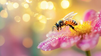 Sticker - Honeybee Gathering Pollen on a Pink Flower