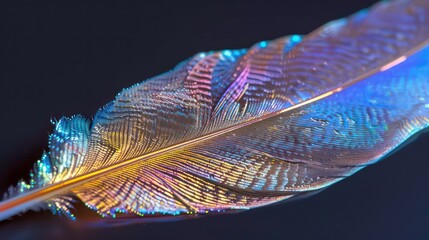 Wall Mural - A single iridescent bird feather with a light blue, yellow, and purple sheen sits on a black background.