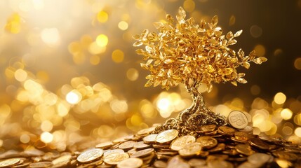 Wall Mural - A Tiny Golden Tree Made From Gold. Golden Tree Wallpaper.