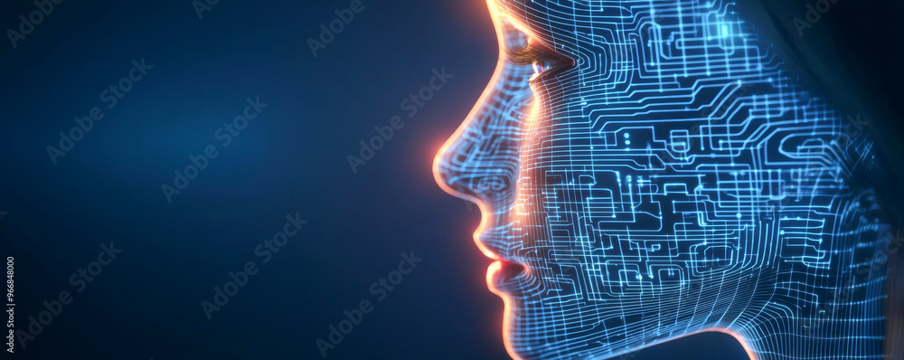 Futuristic digital face silhouette with circuit patterns symbolizing ...