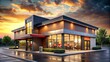 © DigitalArt Max - Vibrant colors splash across the exterior of the modern fast food restaurant, a sleek glass facade reflecting a