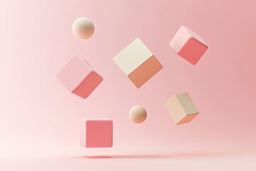Wall Mural - Colorful geometric shapes floating against a soft pink background, perfect for modern design and creative projects.