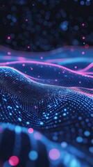 Wall Mural - Vibrant abstract digital landscape with flowing waves illuminated by glowing pixels in blue and pink tones.