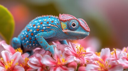 Wall Mural - Blue Chameleon in a Floral Paradise