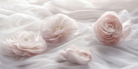 Wall Mural - Soft pink flowers on a delicate fabric background, evoking elegance and tranquility.