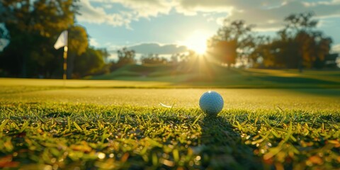 Poster - Golf ball on the green ready to hole out with the flag waving gracefully in the wind symbolizing accuracy and triumph