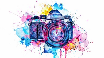 Sticker - A vintage camera with a large lens is surrounded by colorful watercolor splashes on a white background. The camera is in focus.