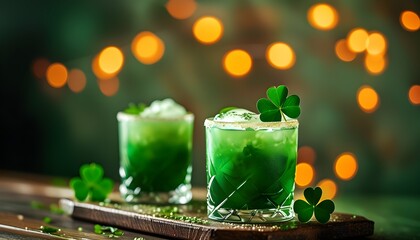 Poster - Festive green cocktail adorned with a clover leaf on a bar counter, surrounded by enchanting bokeh lights, celebrating Irish culture for St. Patricks Day