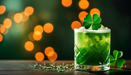 Wall Mural - Festive green cocktail adorned with a clover leaf on a bar counter, surrounded by enchanting bokeh lights, celebrating Irish culture for St. Patricks Day