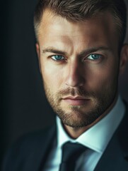 Wall Mural - full body, a ultra real full body shot photo of 35 years old business man, blue eyes, short blonde hair. At the background a ultra close up macro details, ultra contrast, with generative ai