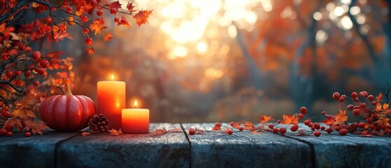 Wall Mural - Autumnal Still Life with Candles, Pumpkin, and Berries