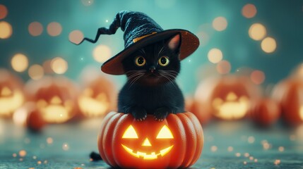 Canvas Print - Black Cat Wearing Witch Hat in Jack-O-Lantern.