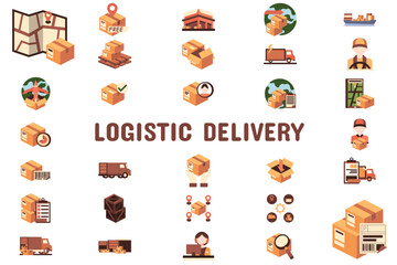 Wall Mural - Logistic Delivery Flat Vector Illustration Icon Sticker Set Design Materials