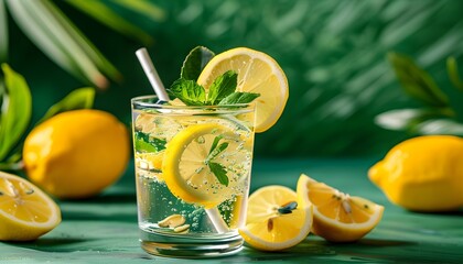 Refreshing lemon and herb-infused water on vibrant green backdrop, perfect for summer vacations and travel inspirations