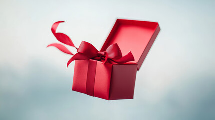 A bright red gift box with a soft ribbon bow is open, floating in the air. The box is perfect for celebrating birthdays, weddings, or any special occasion.