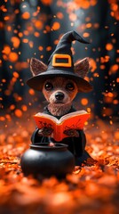 Sticker - Halloween Witch Dog with Spellbook and Cauldron.