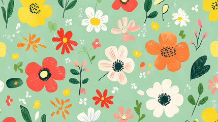 A cheerful, light green pattern with bright, hand-drawn flowers. This colorful design adds a fresh and fun touch to your projects.